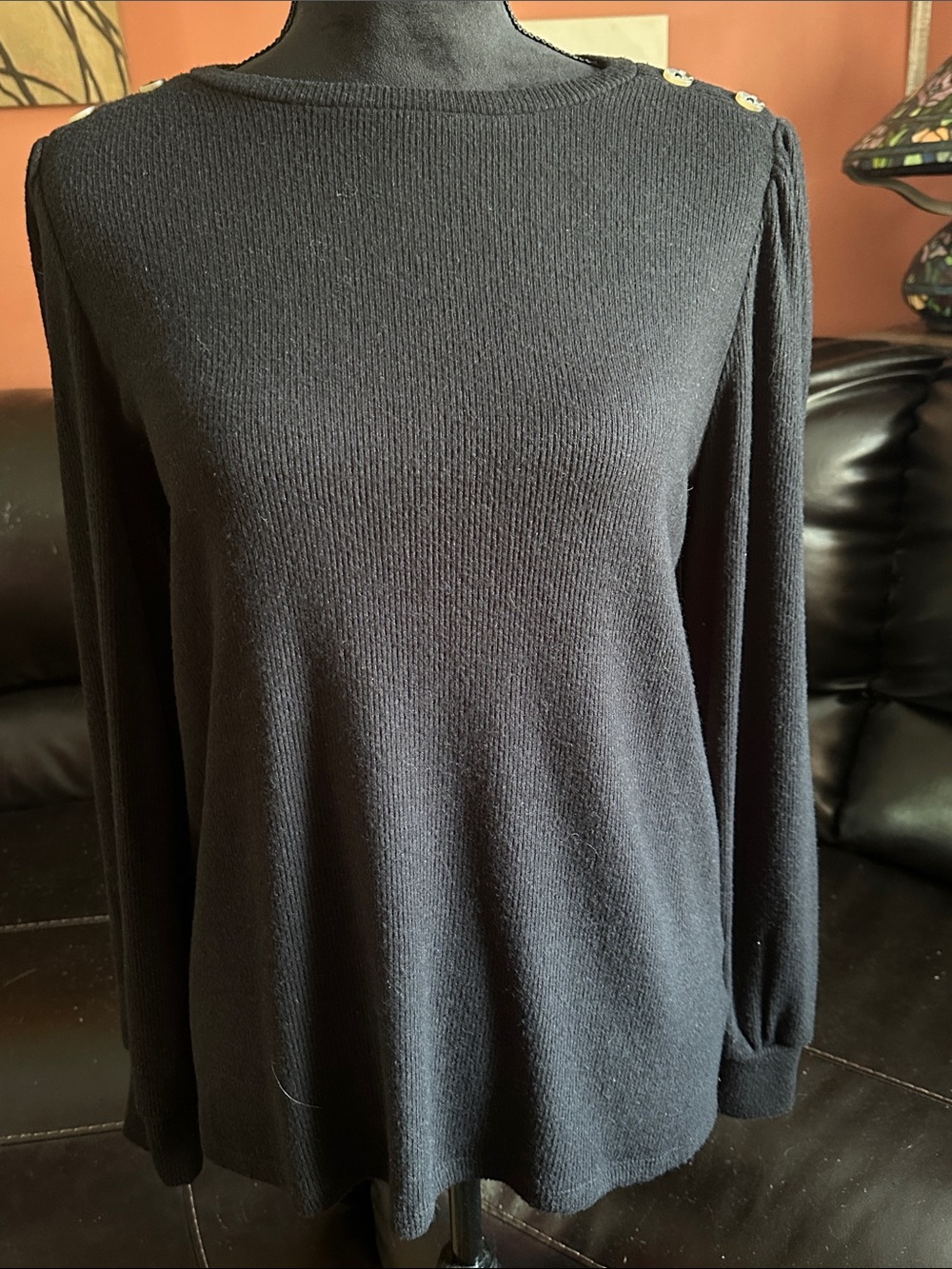 LC Lauren Conrad Black Long-Sleeve Knit Top with Shoulder Buttons